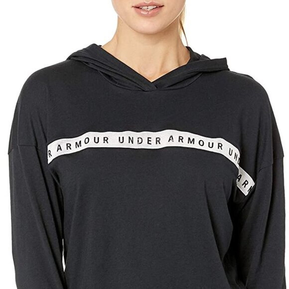 Under Armour Womens Logo Taped Cropped Hoodie Black/White - Picture 2 of 3